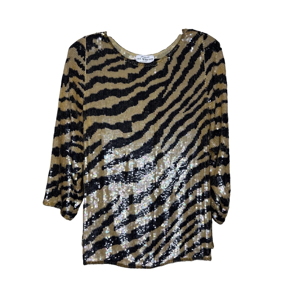 Vintage JEANETTE for ST MARTIN Womens M/L Blouse Black Gold Sequin 3/4 Sleeve